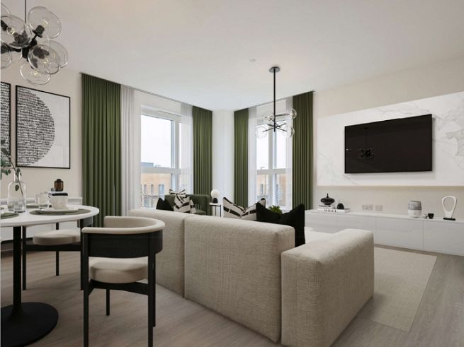 These internal photographs of a typical apartment have been digitally enhanced for marketing purposes only. The photographs include computer generated examples of furniture, lighting and accessories for demonstration and are not included with the sale